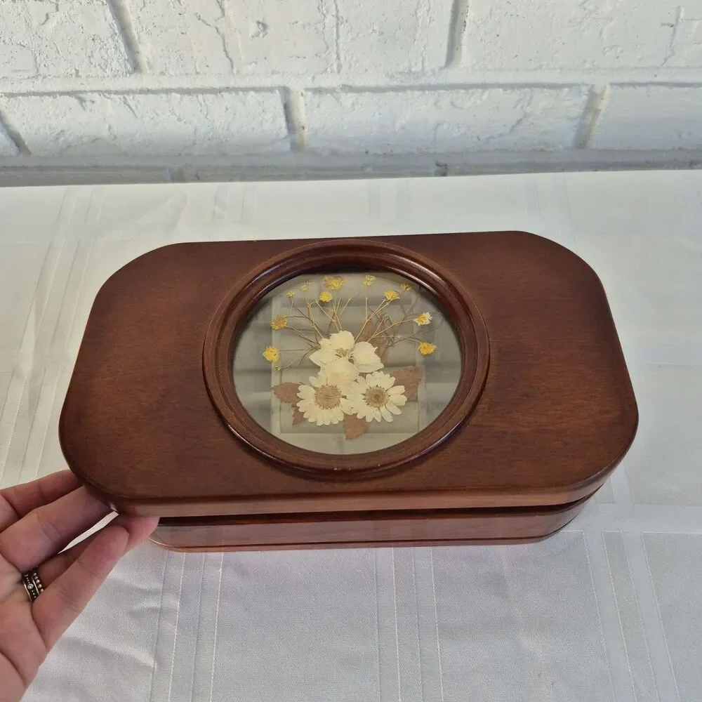 Vntg 90s Flower Inlay Glass  Jewelry Box